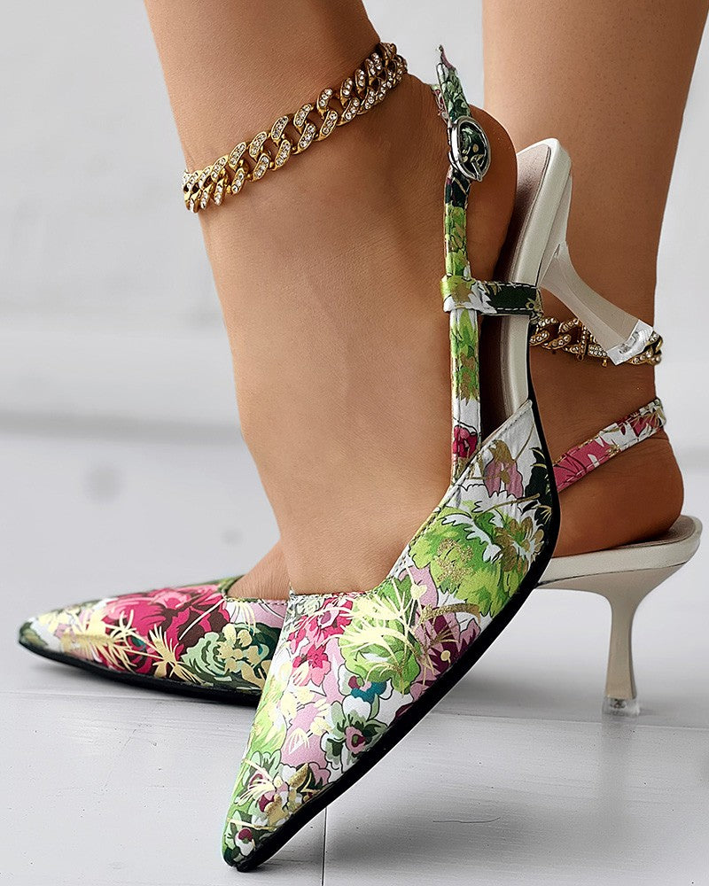 Floral Print Point Toe Slingback Pumps