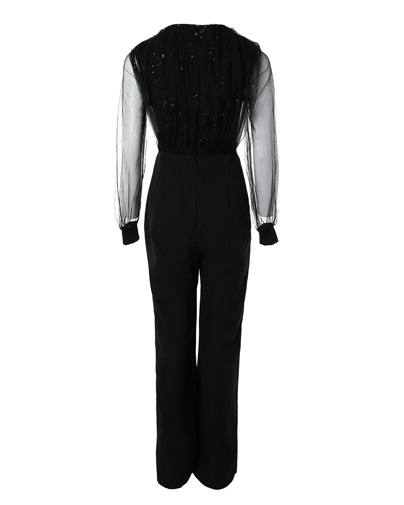 Glitter Contrast Mesh Straight Leg Jumpsuit