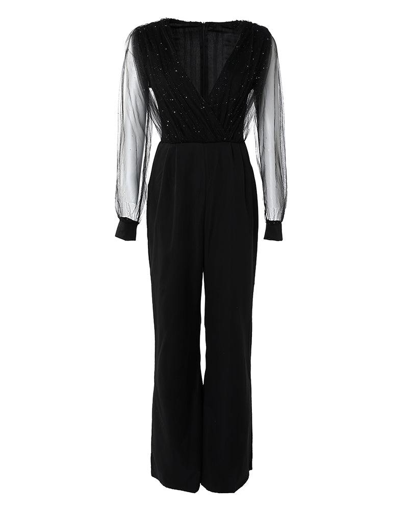 Glitter Contrast Mesh Straight Leg Jumpsuit