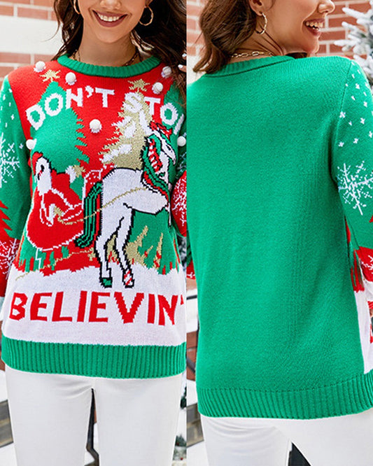 Christmas Santa Claus Reindeer Letter Pattern Pom Pom Sweater