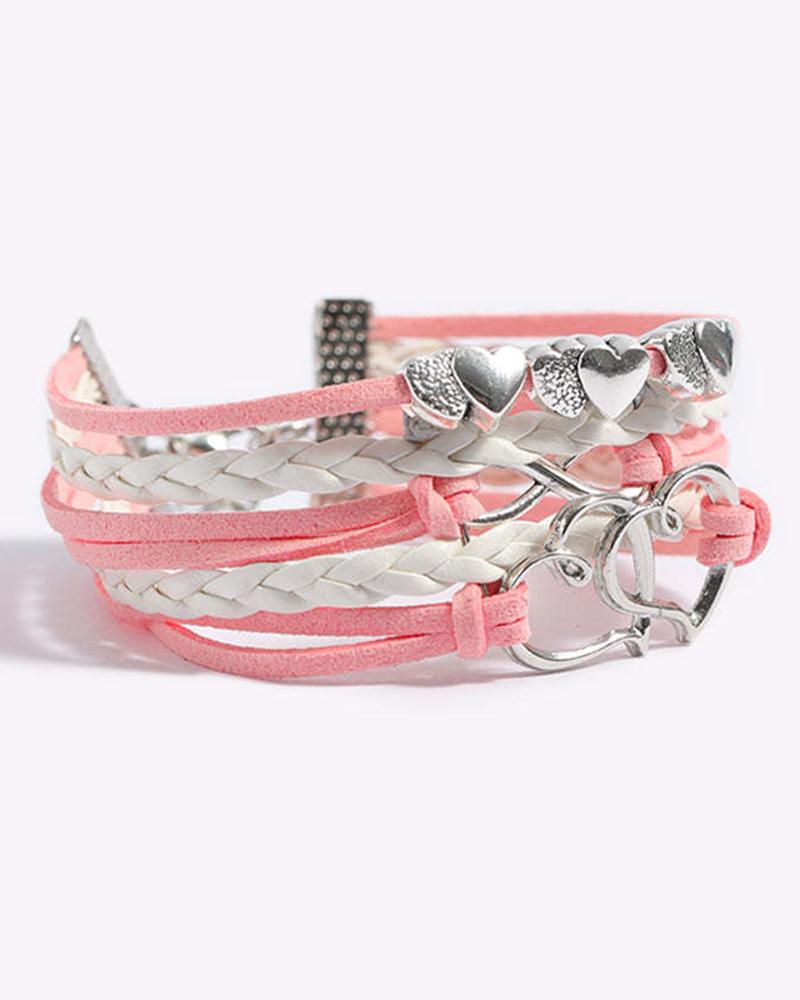 1pc Pink Double Heart Braided Leather Bracelet