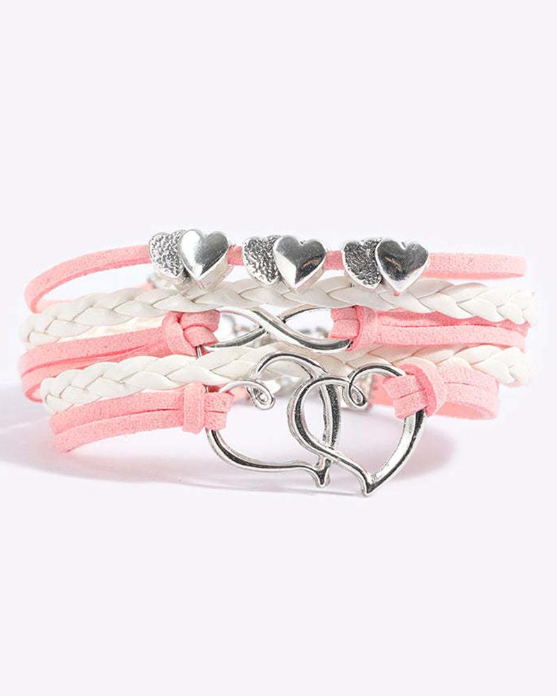 1pc Pink Double Heart Braided Leather Bracelet