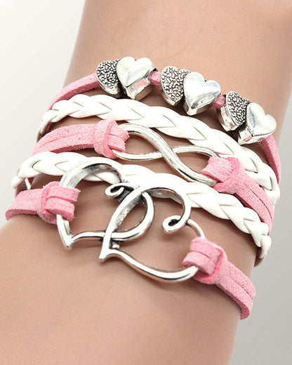 1pc Pink Double Heart Braided Leather Bracelet