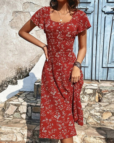 Ditsy Floral Print Slit Casual Dress
