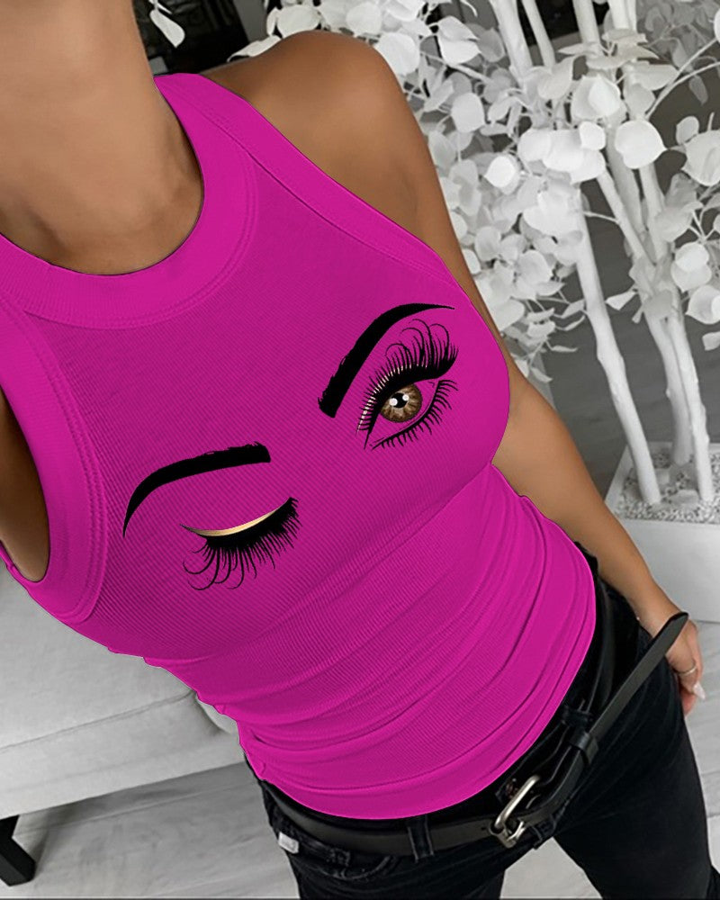 Eyelash Print Casual Tank Top