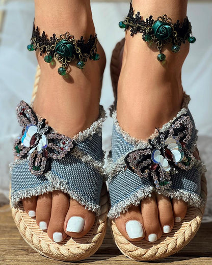 Denim Sequin Butterfly Cross Strap Raw Hem Beach Slippers