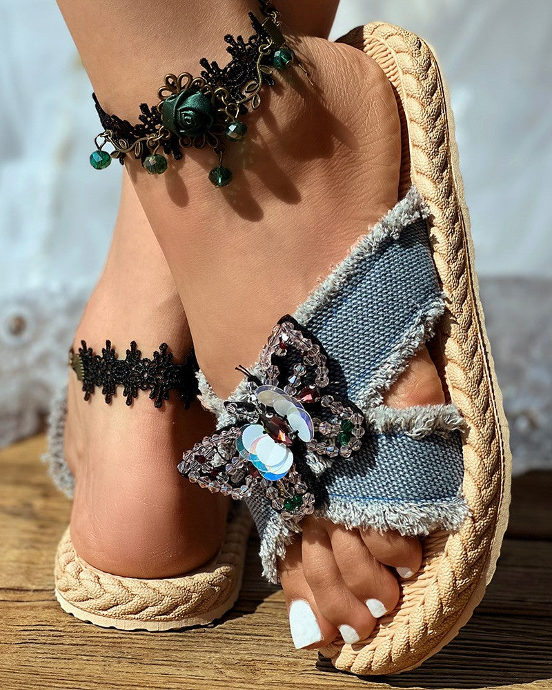 Denim Sequin Butterfly Cross Strap Raw Hem Beach Slippers