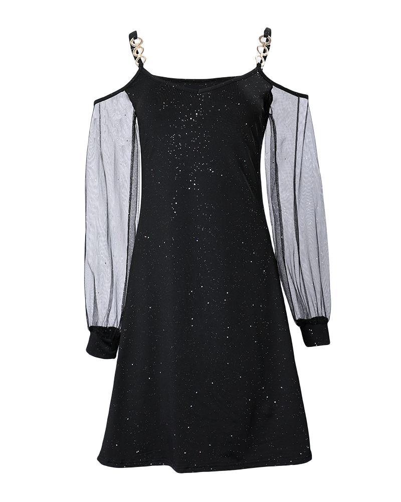 Glitter Contrast Mesh Cold Shoulder Casual Dress