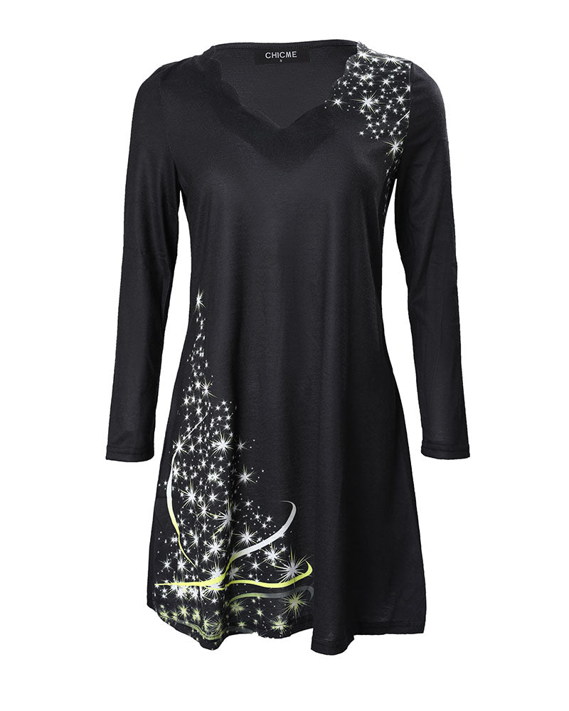 Christmas Tree Print Scallop Trim Long Sleeve Dress