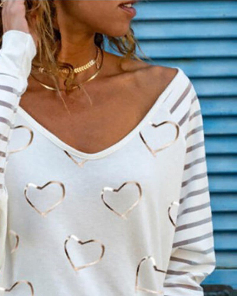 Heart Print V Neck Long Sleeve Top