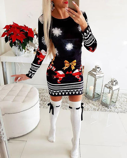 Christmas Mixed Print Long Sleeve Dress