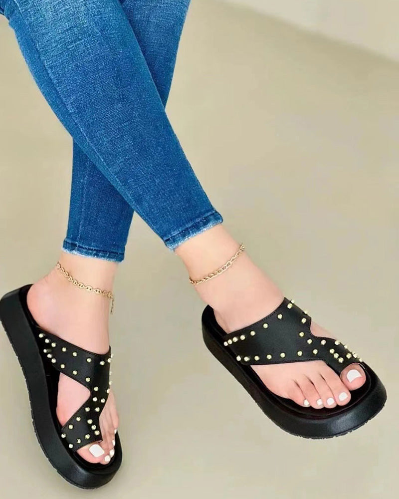 Studded Hollow Out Toe Post Slippers