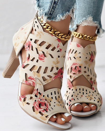 Peep Toe Hollow Out Chunky Heeled Sandals