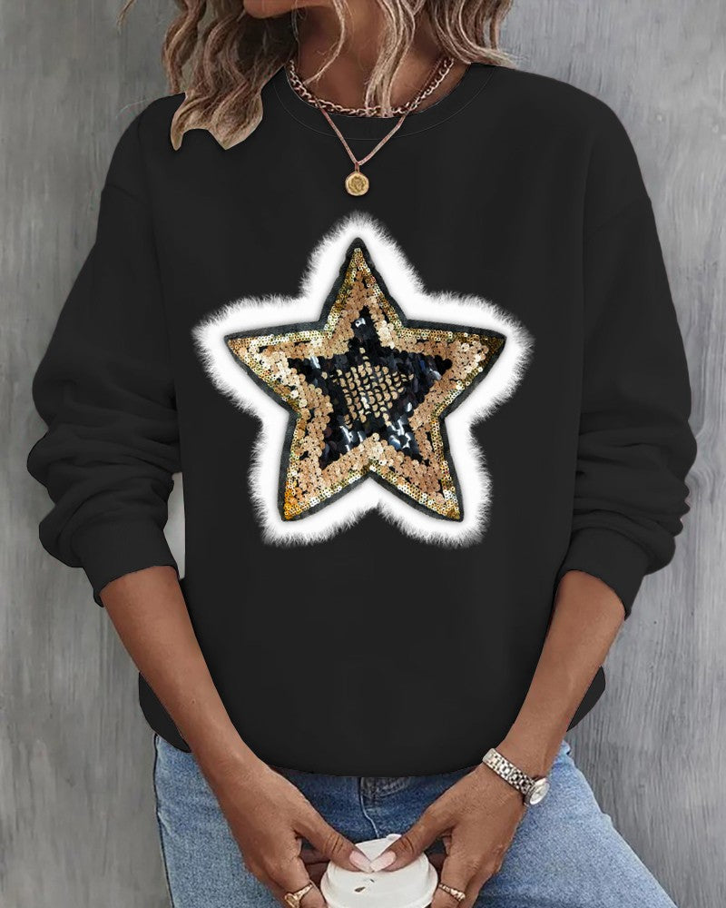 Sequin Star Pattern Fuzzy Detail Sweatshirt
