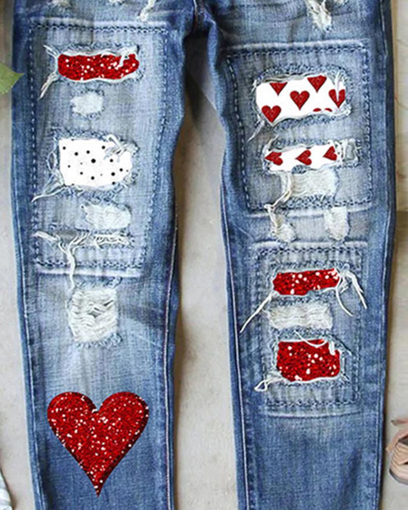 Valentine's Day Heart Pattern Ripped Jeans