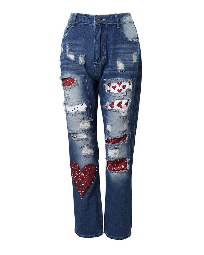 Valentine's Day Heart Pattern Ripped Jeans