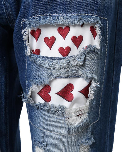 Valentine's Day Heart Pattern Ripped Jeans