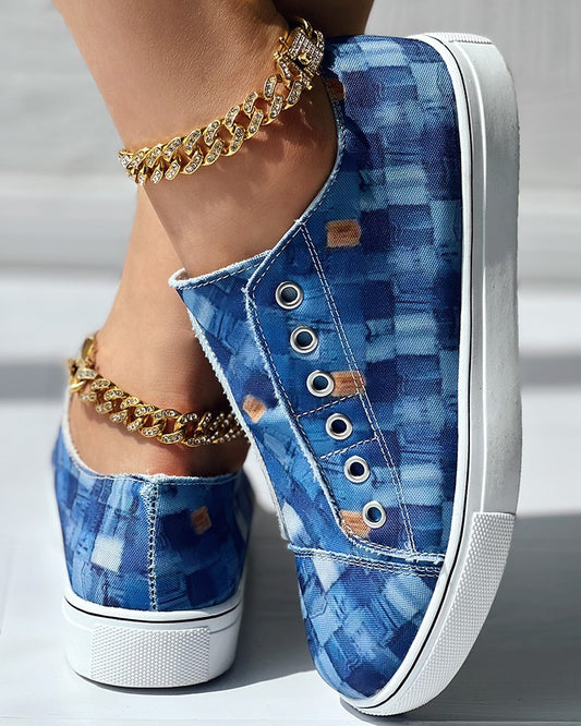 Denim Look Print Slip on Eyelet Sneakers