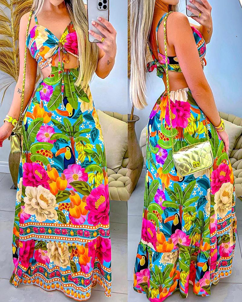 Tropical Print Backless Hollow Out Dress