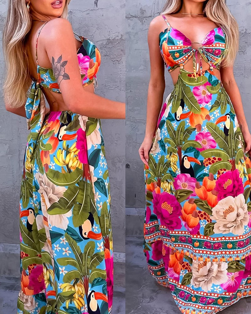 Tropical Print Backless Hollow Out Dress