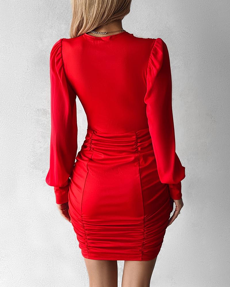 Contrast Mesh Puff Sleeve Ruched Bodycon Dress