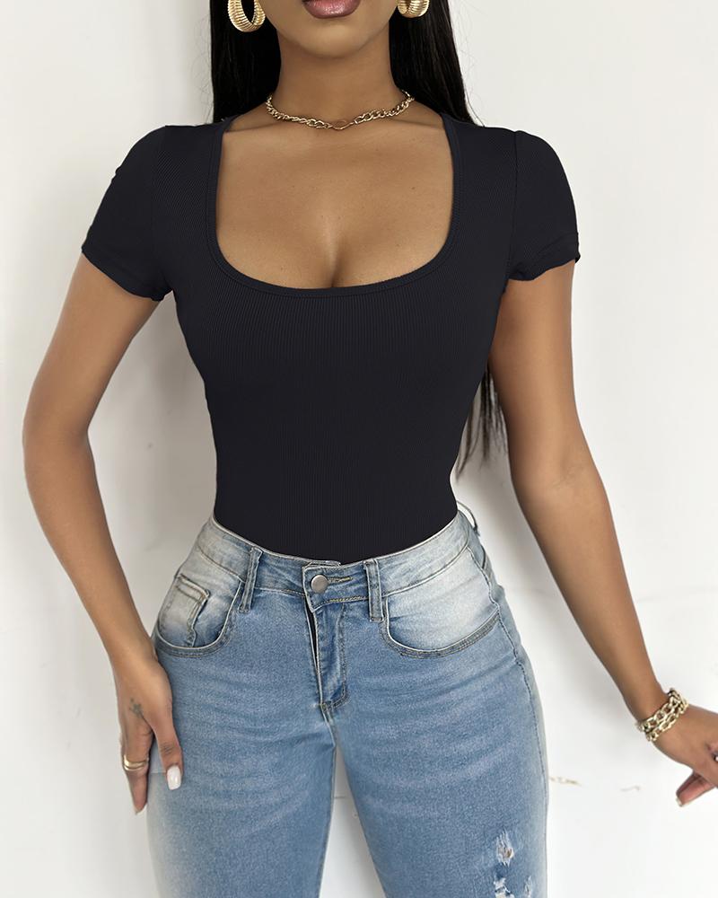 Square Neck Short Sleeve Ribbed Bodysuit