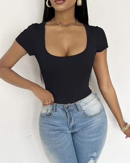 Square Neck Short Sleeve Ribbed Bodysuit