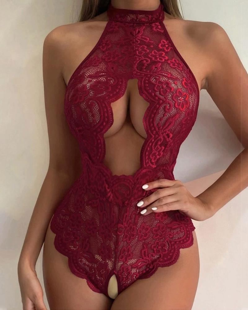 Halter Backless Cutout Crotchless Lace Teddy