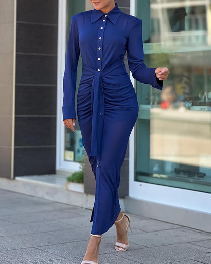 Buttoned Tied Detail Ruched Long Sleeve Dress