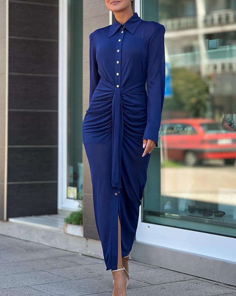 Buttoned Tied Detail Ruched Long Sleeve Dress