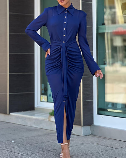 Buttoned Tied Detail Ruched Long Sleeve Dress