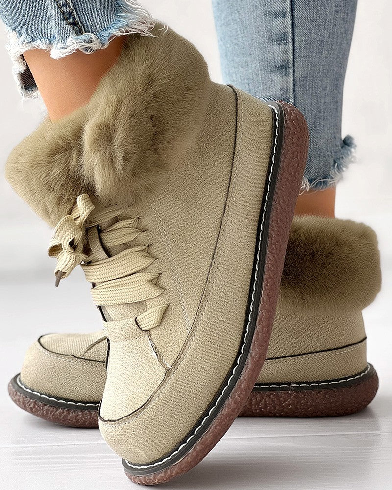Fuzzy Detail Lined Lace up Snow Boots