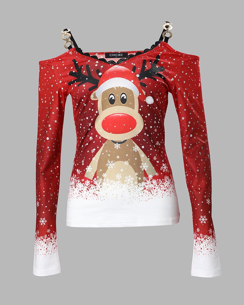 Christmas Snowflake Elk Print Cold Shoulder Top