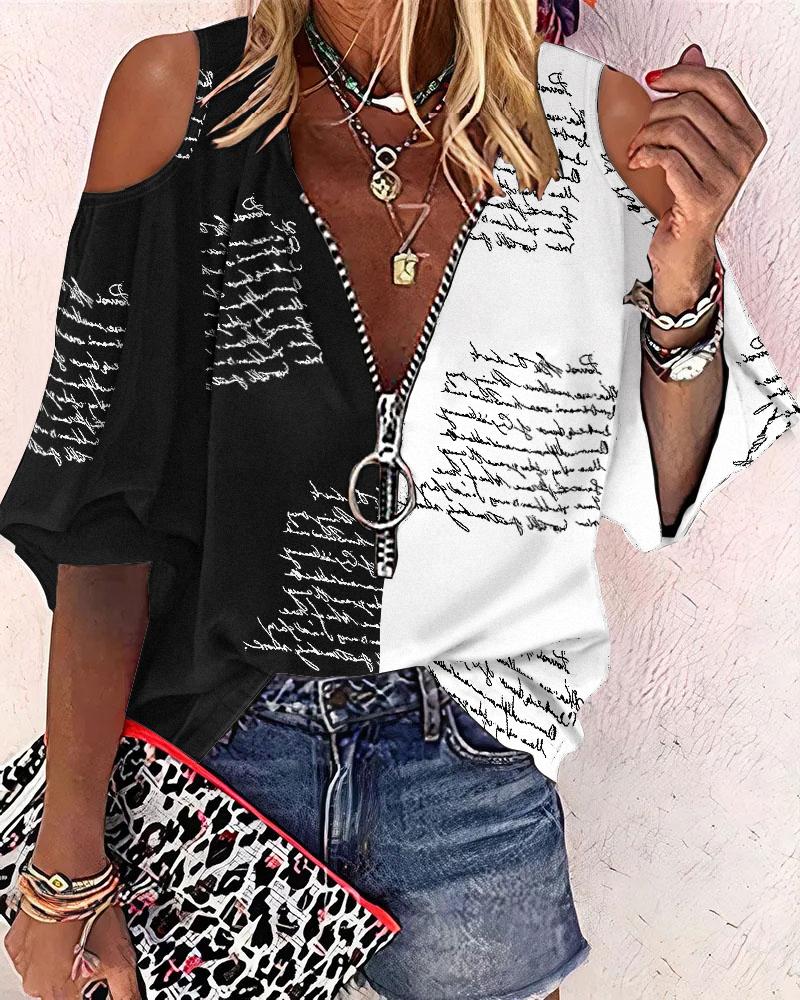 Letter Print Colorblock Cold Shoulder Top