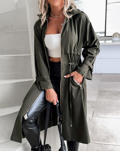 Hooded Drawstring Zipper Design Longline Coat