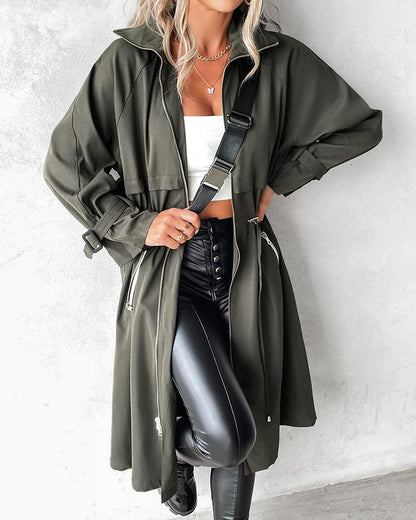 Hooded Drawstring Zipper Design Longline Coat