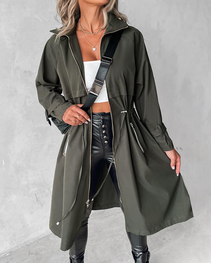 Hooded Drawstring Zipper Design Longline Coat