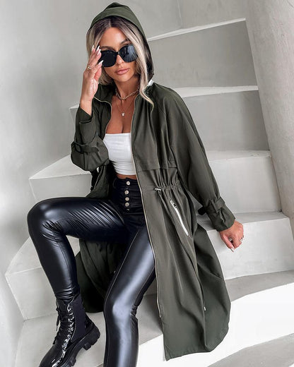 Hooded Drawstring Zipper Design Longline Coat