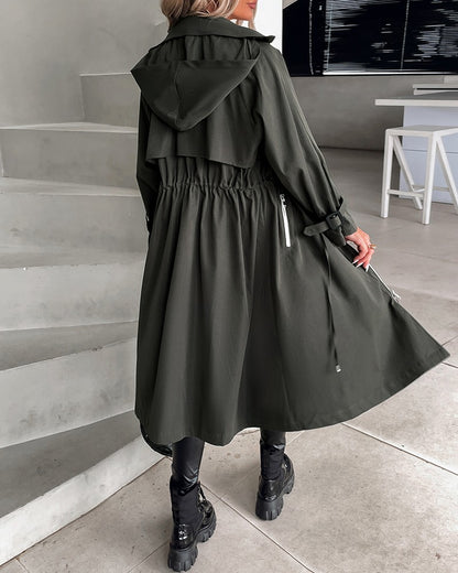 Hooded Drawstring Zipper Design Longline Coat