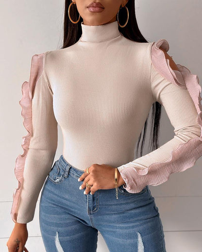 Hollow Out Ruffle Hem Sleeve Top