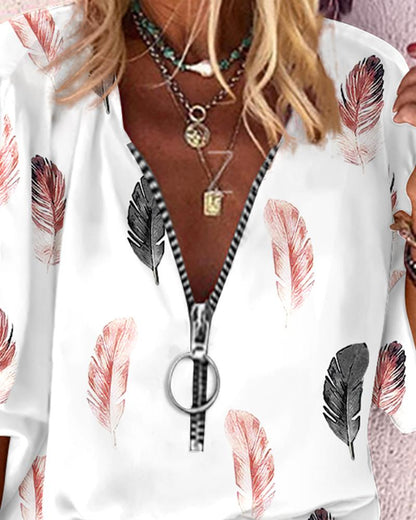 Feather Print Zip Front Lantern Sleeve Top