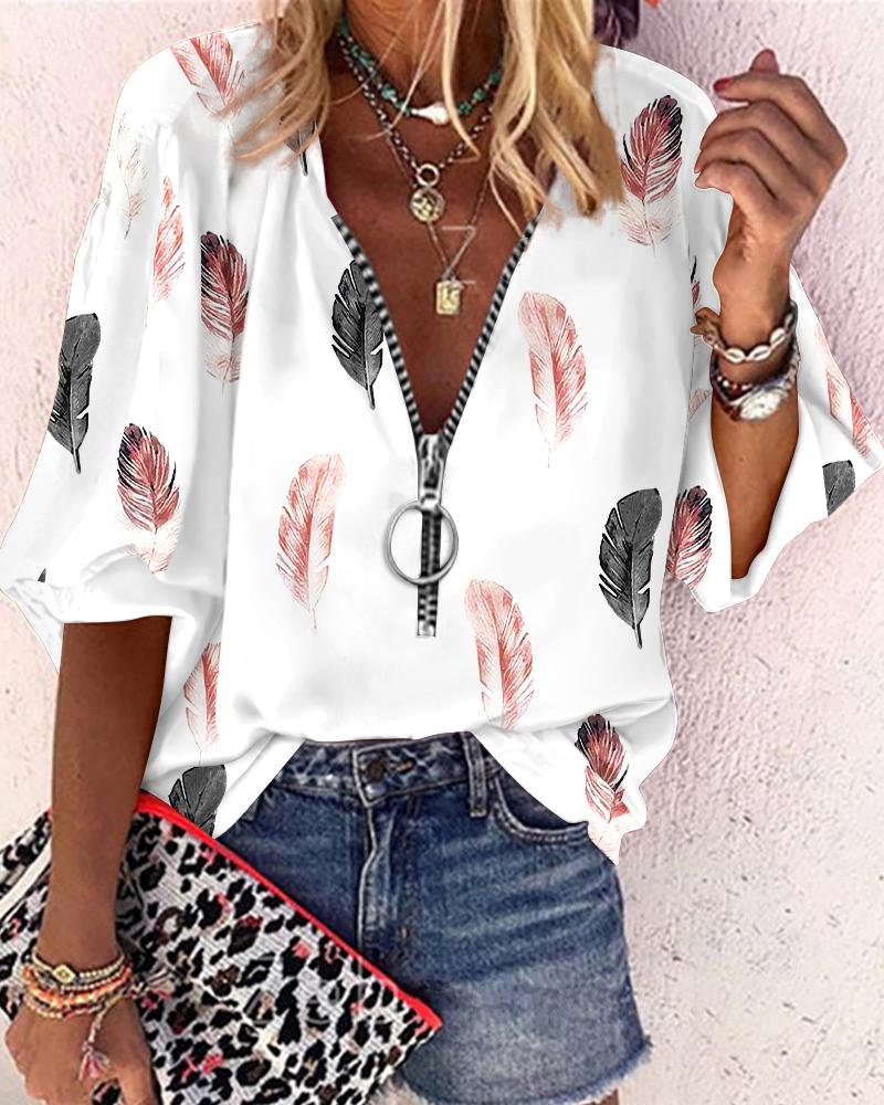 Feather Print Zip Front Lantern Sleeve Top