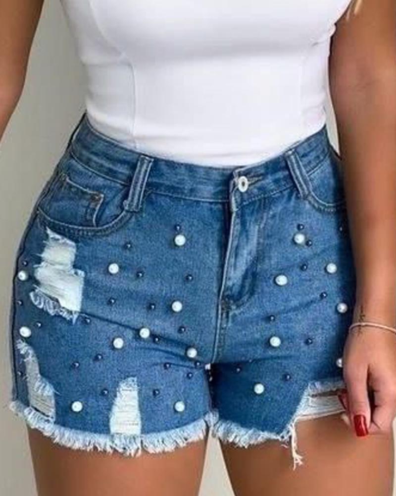 Pearls Studded Ripped Raw Hem Denim Shorts