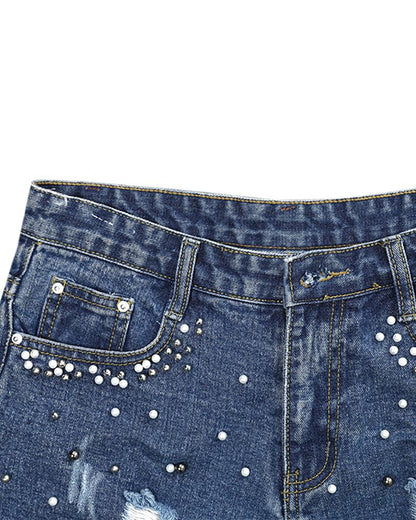 Pearls Studded Ripped Raw Hem Denim Shorts