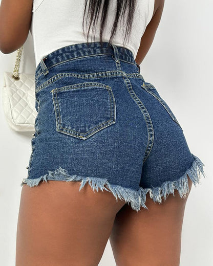 Pearls Studded Ripped Raw Hem Denim Shorts