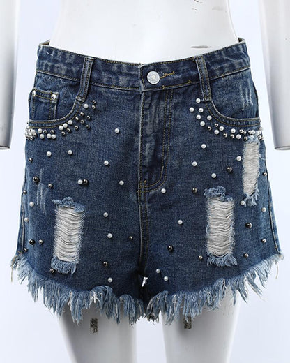 Pearls Studded Ripped Raw Hem Denim Shorts