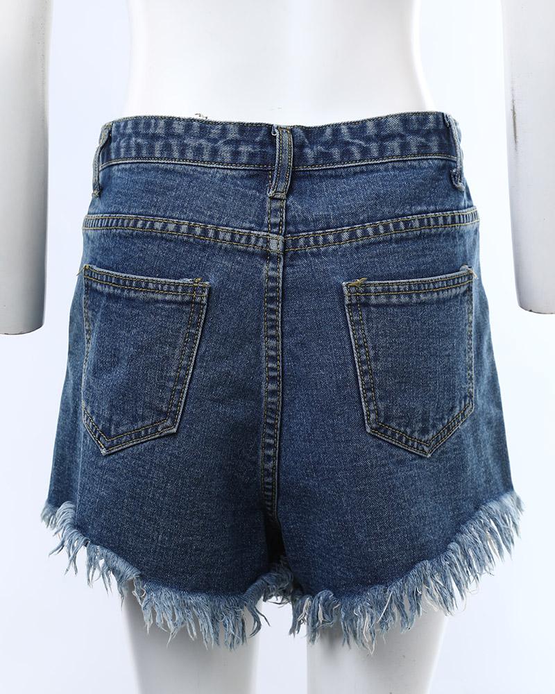 Pearls Studded Ripped Raw Hem Denim Shorts