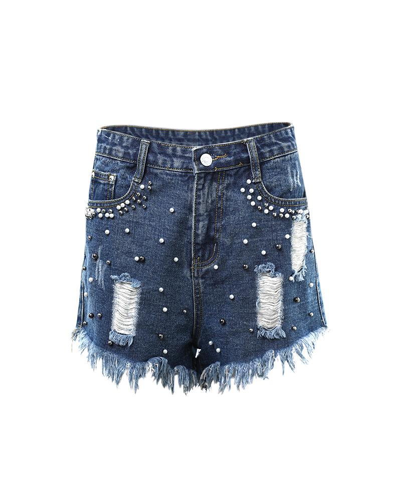 Pearls Studded Ripped Raw Hem Denim Shorts