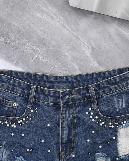 Pearls Studded Ripped Raw Hem Denim Shorts