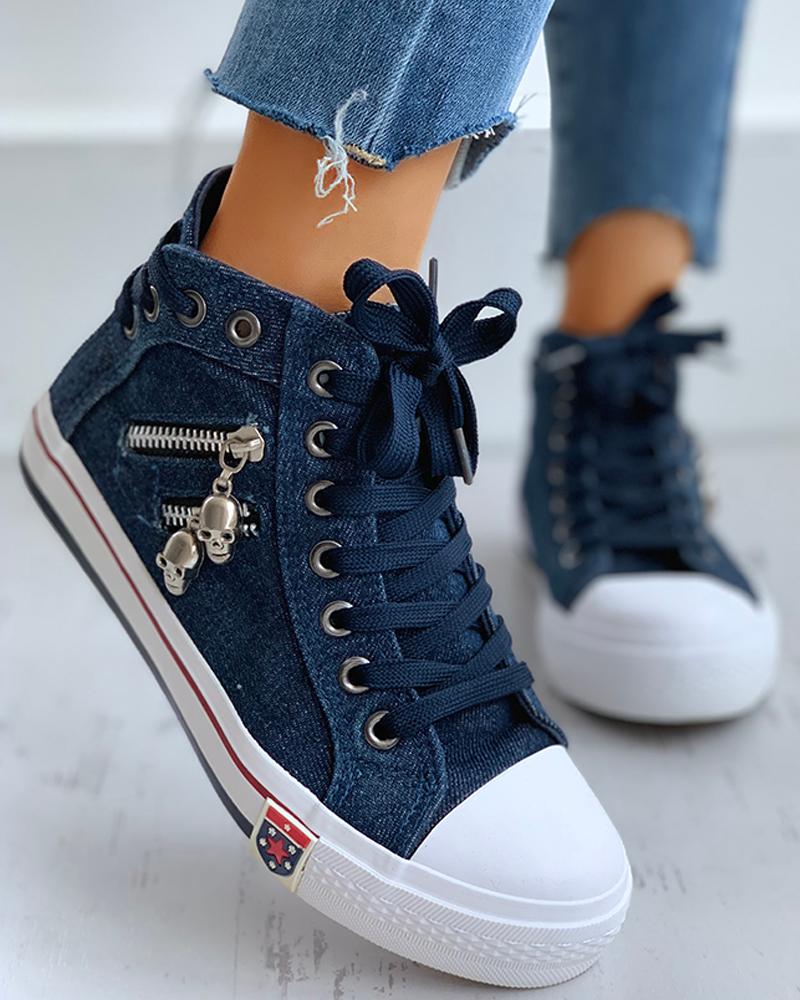 Lace Up Skeleton Zipper Detail Casual Sneakers